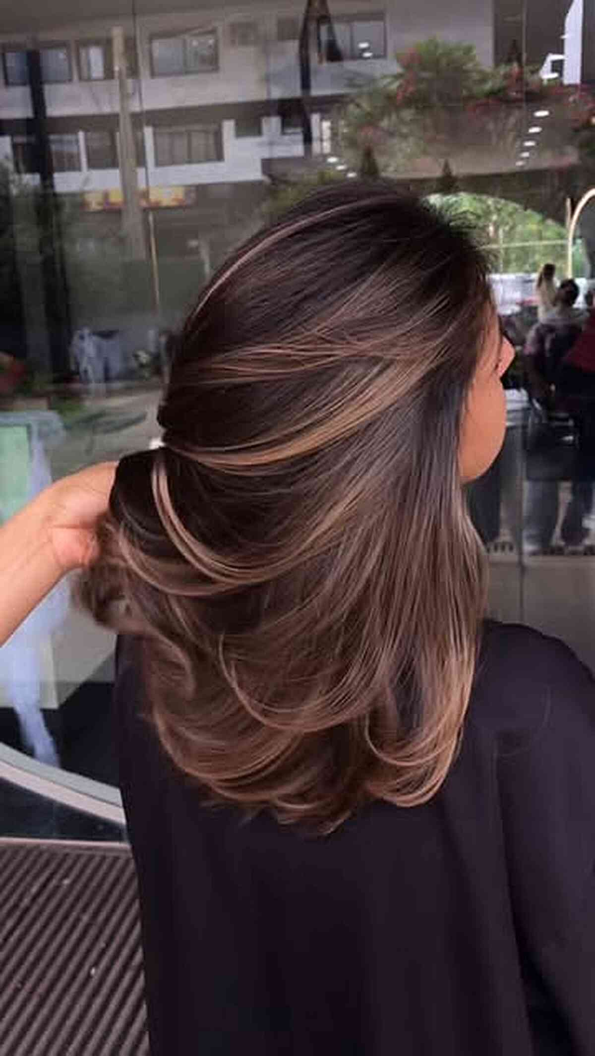 Chestnut Brown with Blonde Highlights in Long Layers