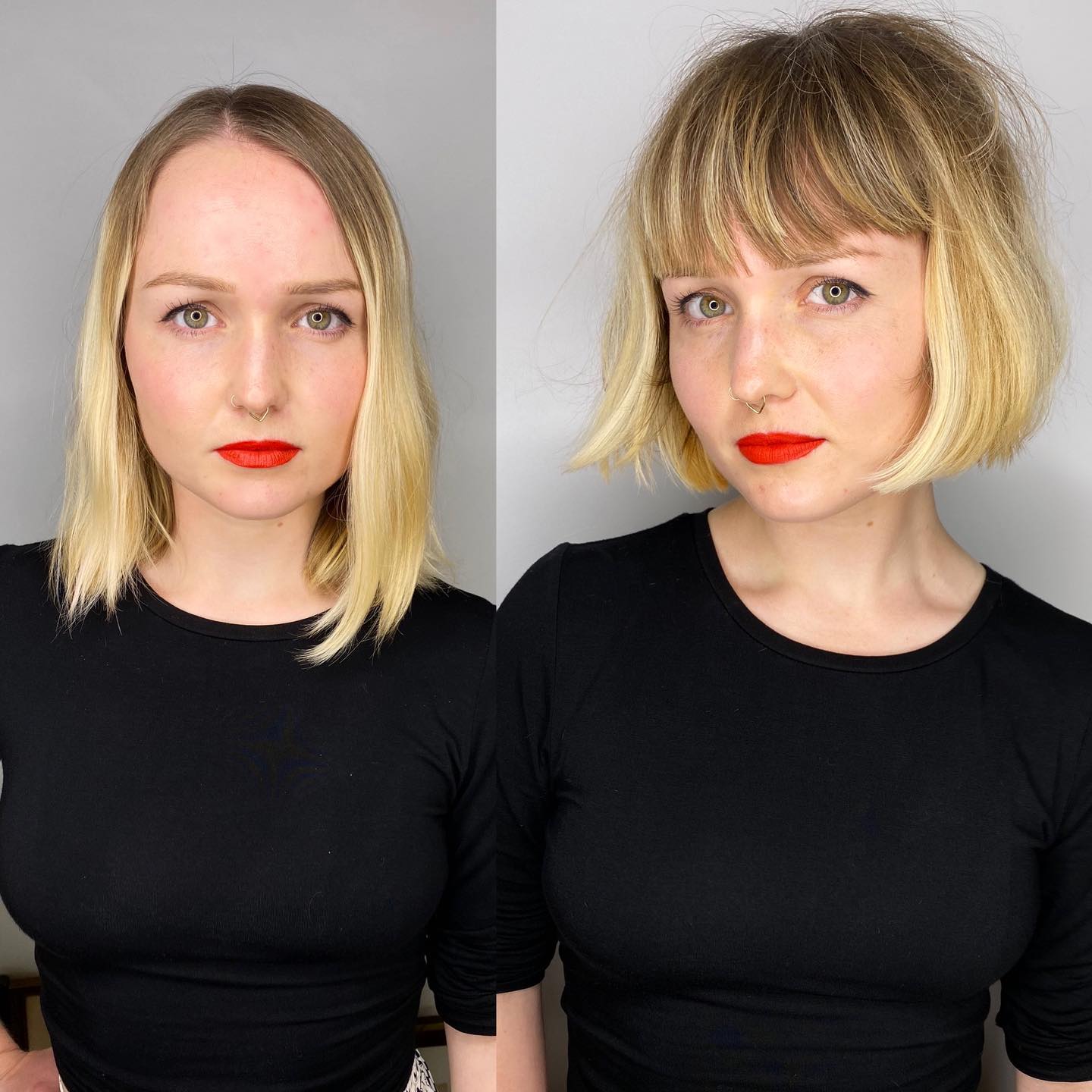 Striking Contrast Blonde Bob with Full Bangs