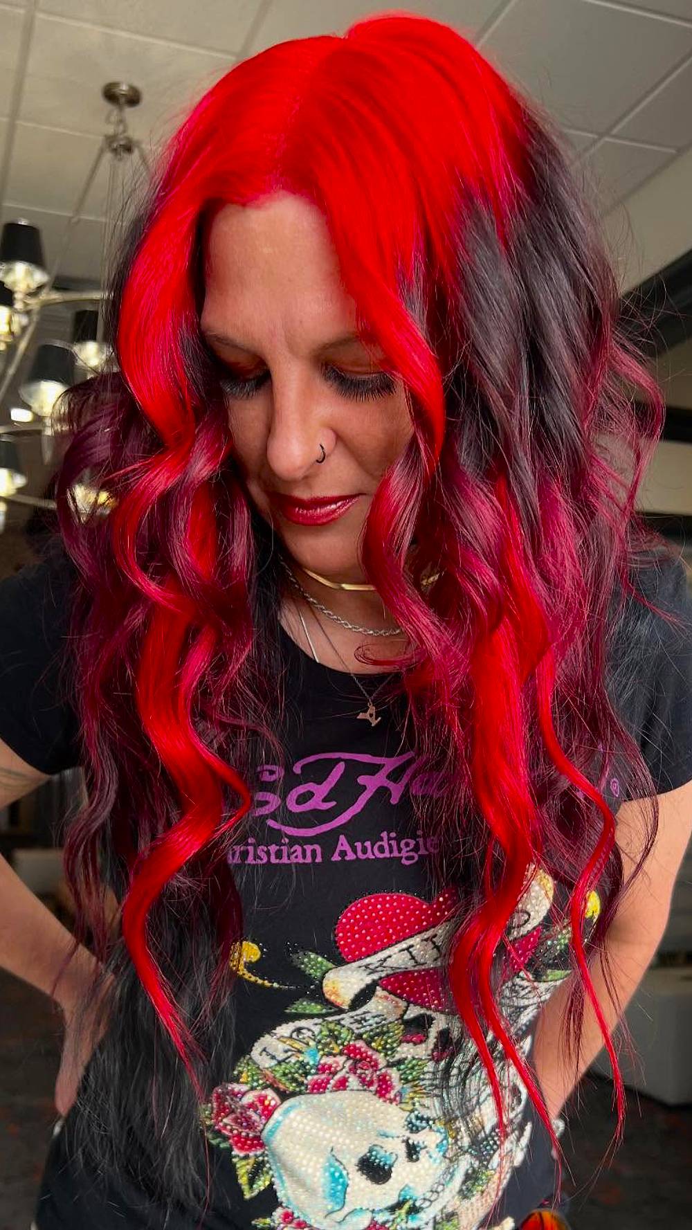 Bold Red and Black Wavy Hair with Layered Texture