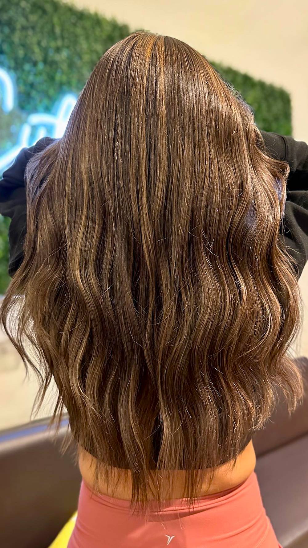 Chic Long Brunette Waves with Subtle Caramel Highlights
