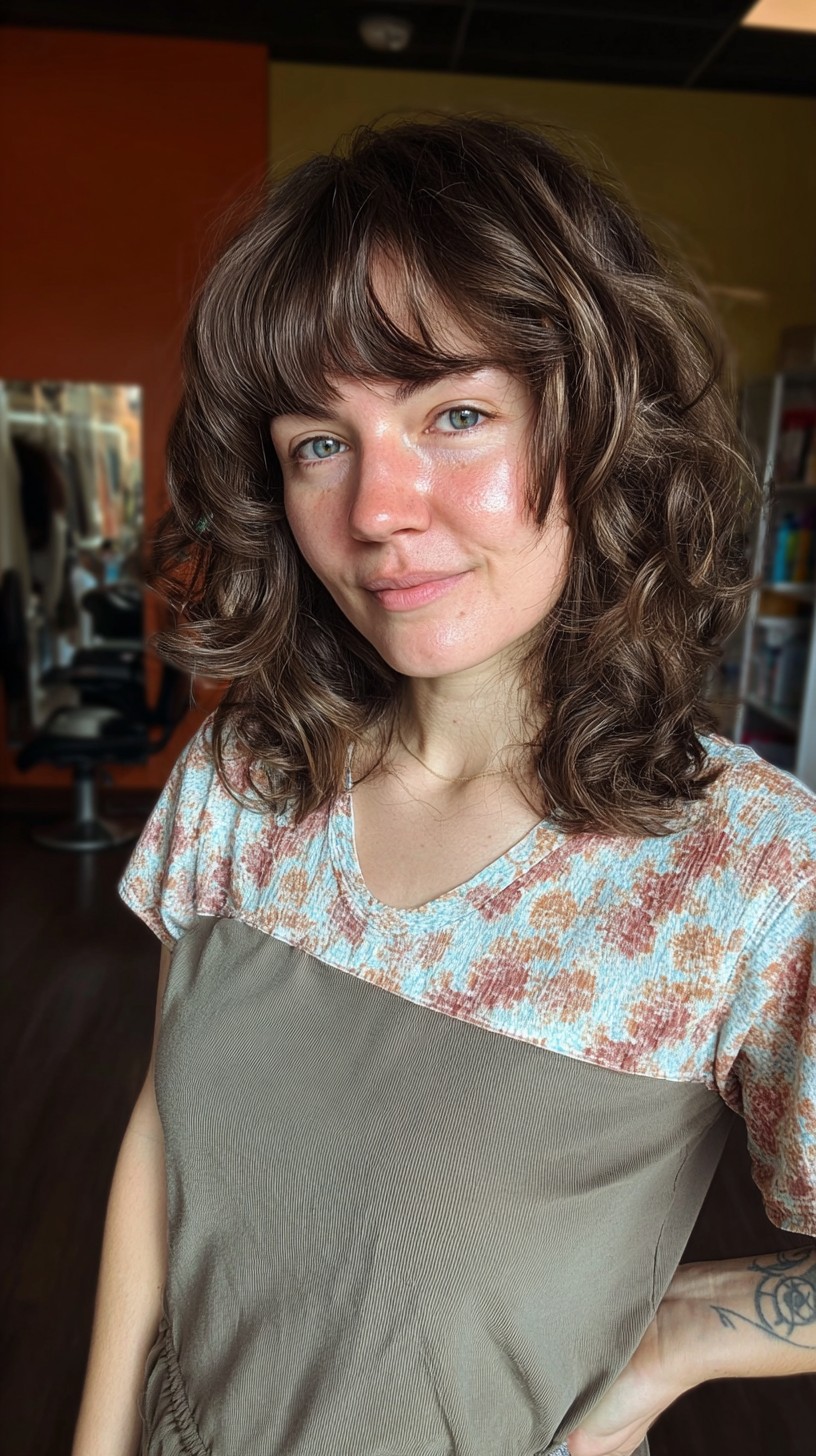 Soft Chestnut Waves with Full Bangs and Tapered Ends