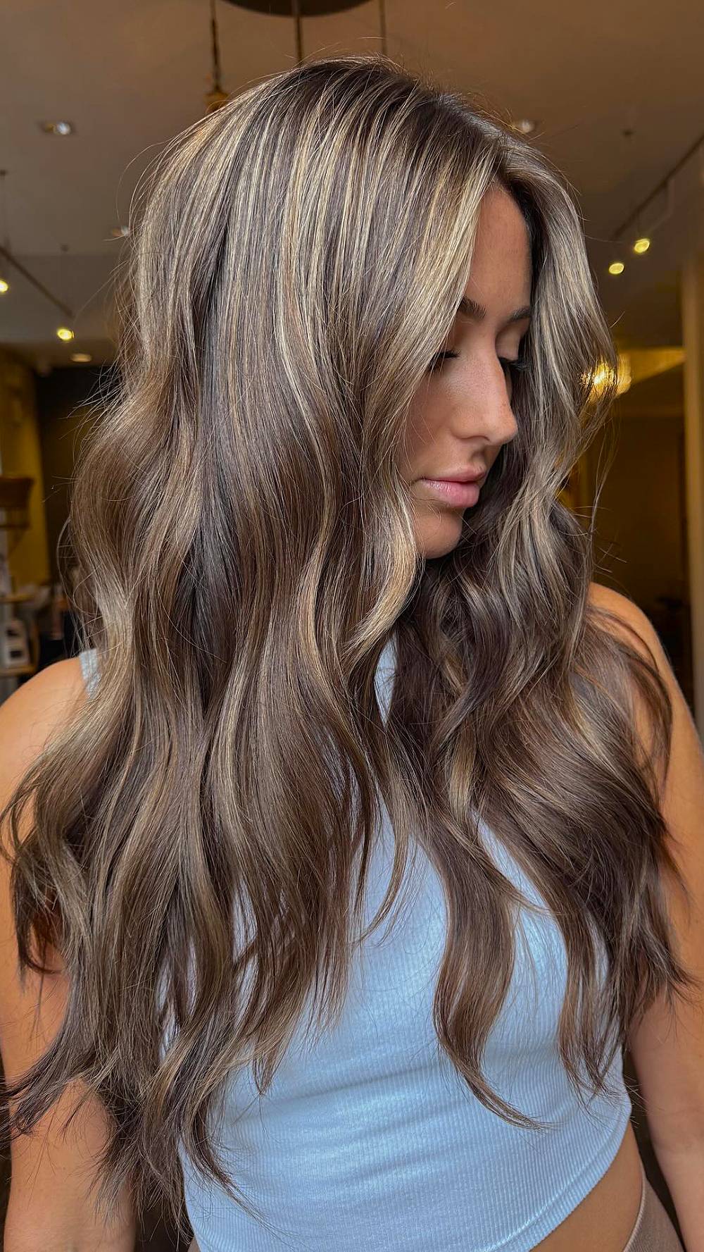 Softly Textured Warm Brunette Layers with Stunning Highlights