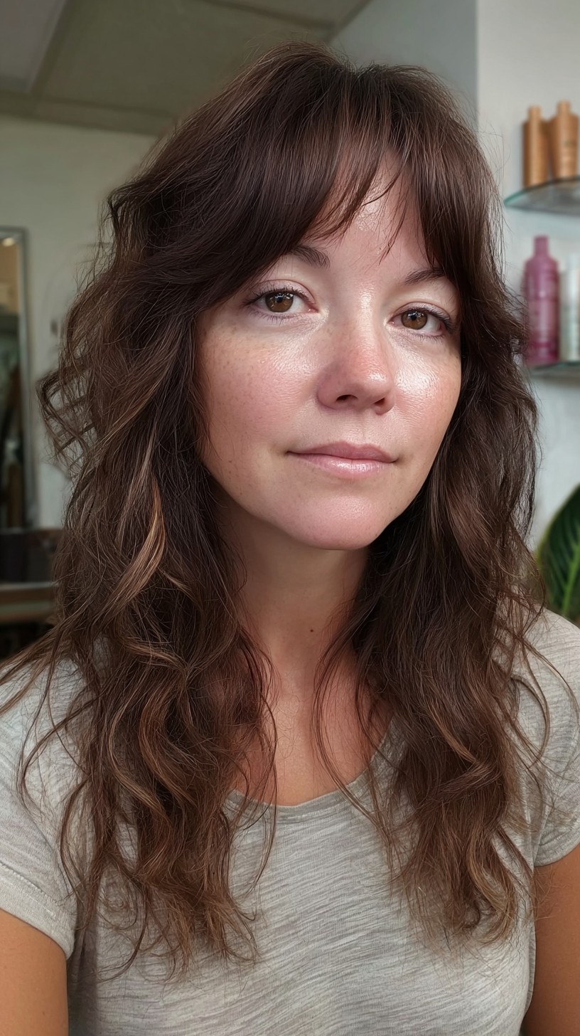 Softly Tousled Chestnut Waves with Side-Swept Bangs