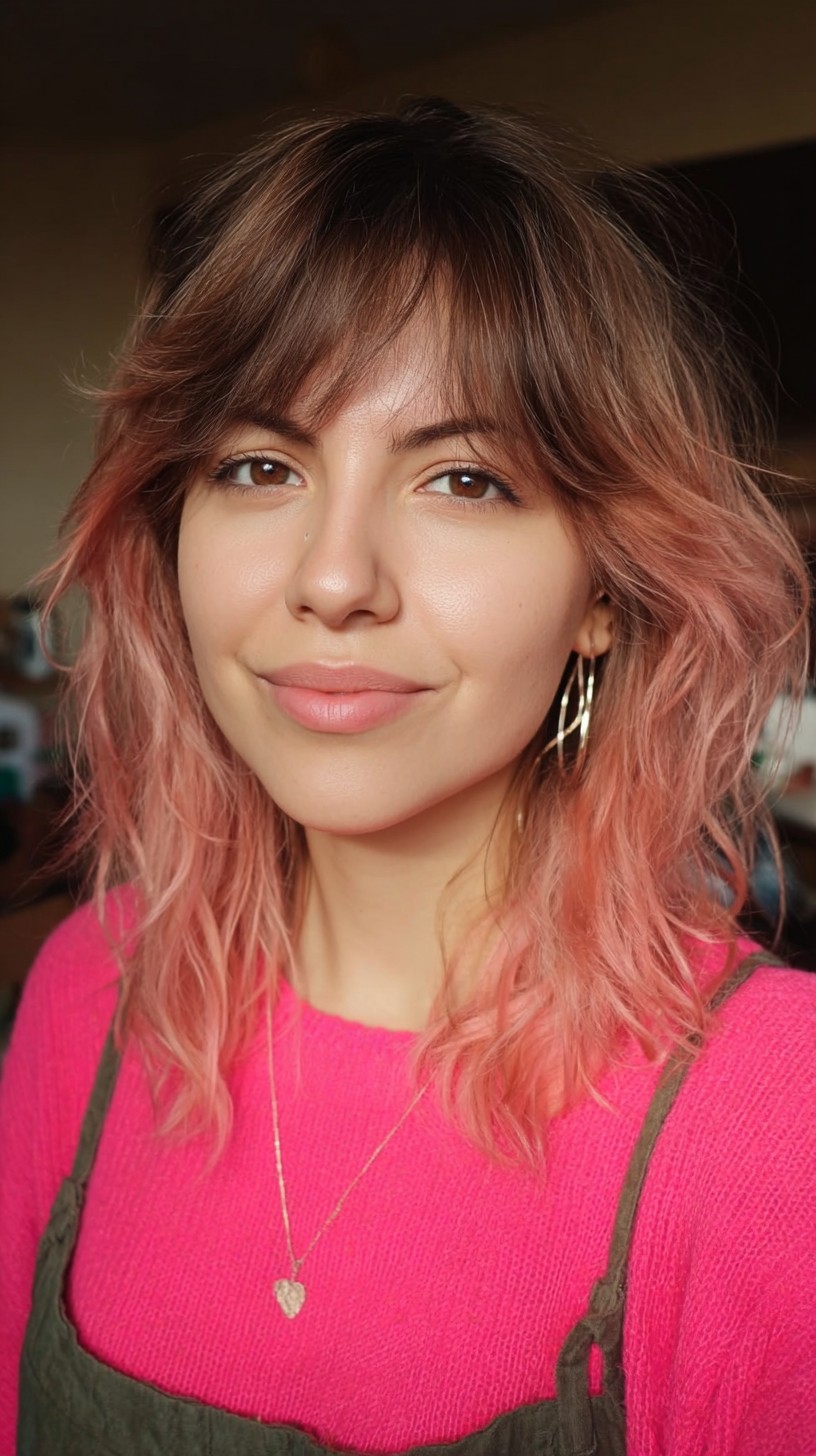 Whimsical Medium-Length Rose Tint Shag with Bangs