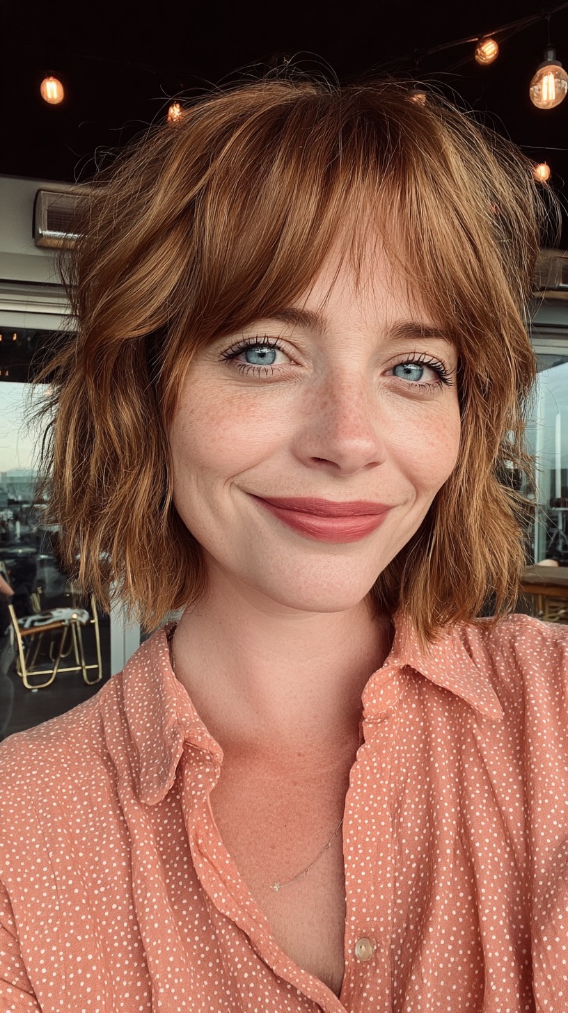 Breezy Copper Wavy Bob with Bangs