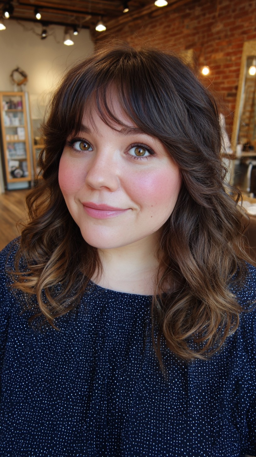 Charming Chestnut Waves with Wispy Bangs