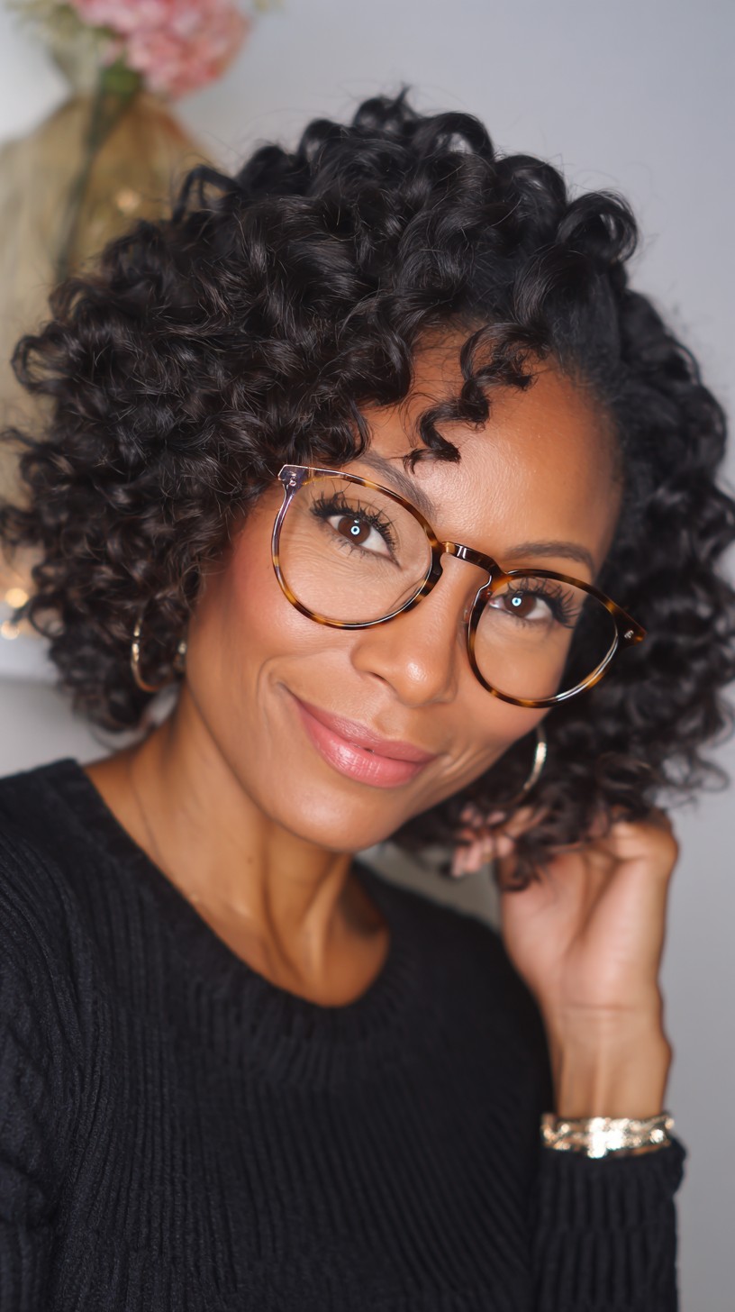 Charming Jaw-Length Curly Bob with Glasses