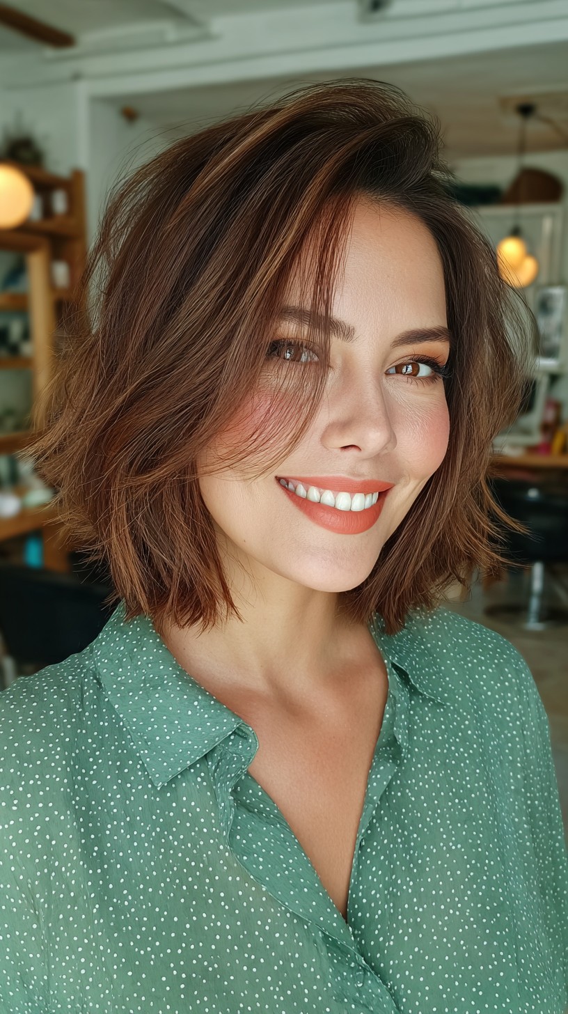 Dynamic Brunette Textured Bob with Subtle Waves