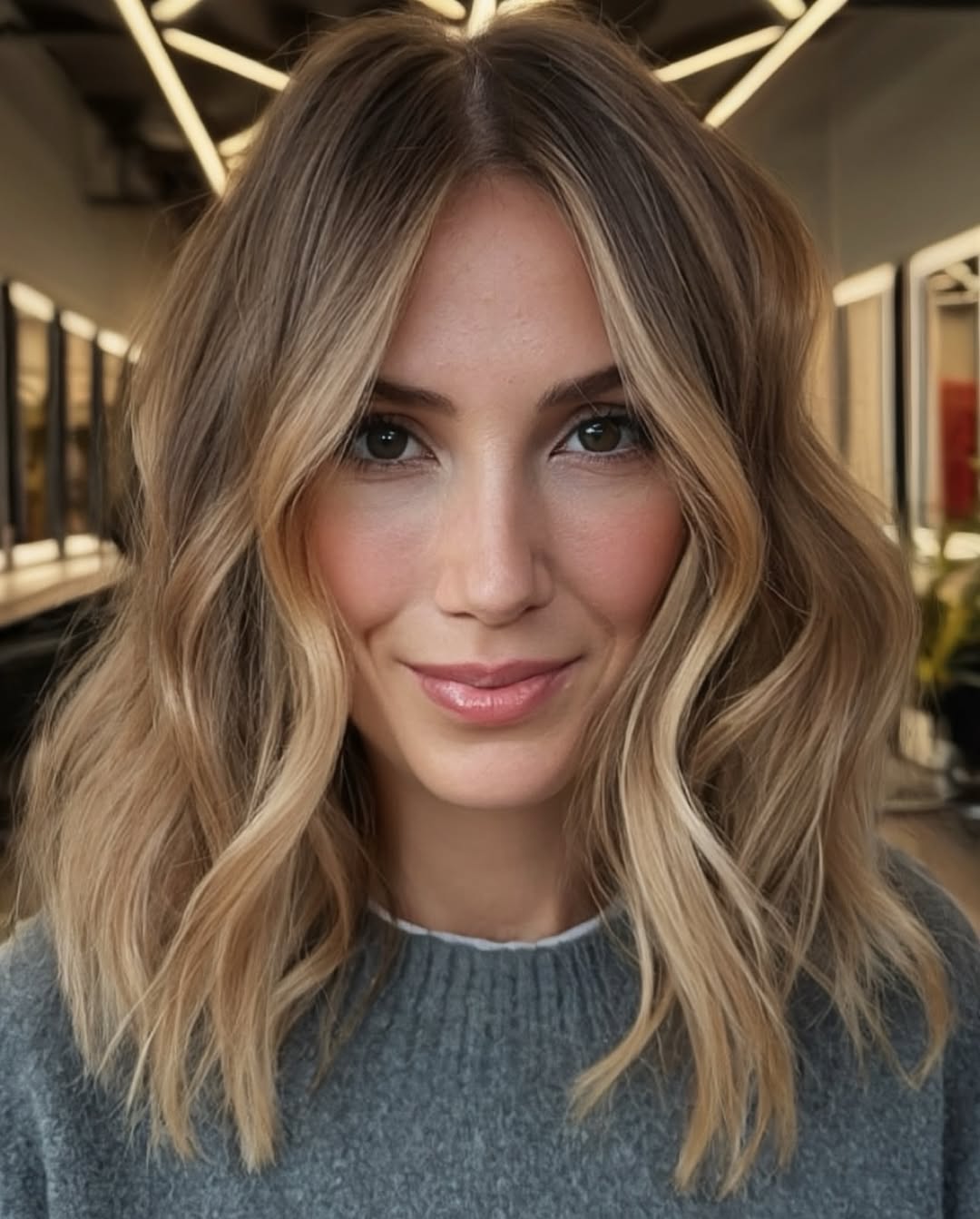 Effortless Beige Blonde Shag with Curtain Bangs