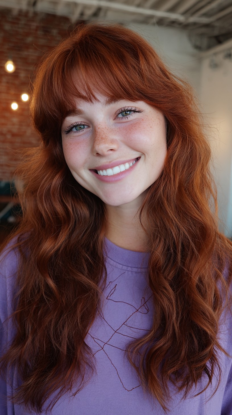 Effortless Copper Waves with Soft French Bangs