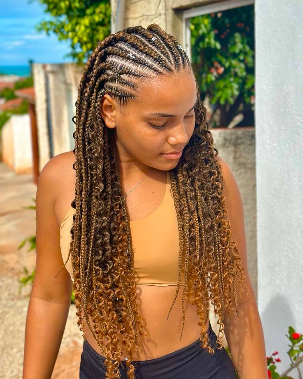 Elegant Long Fulani Braids with Defined Curls