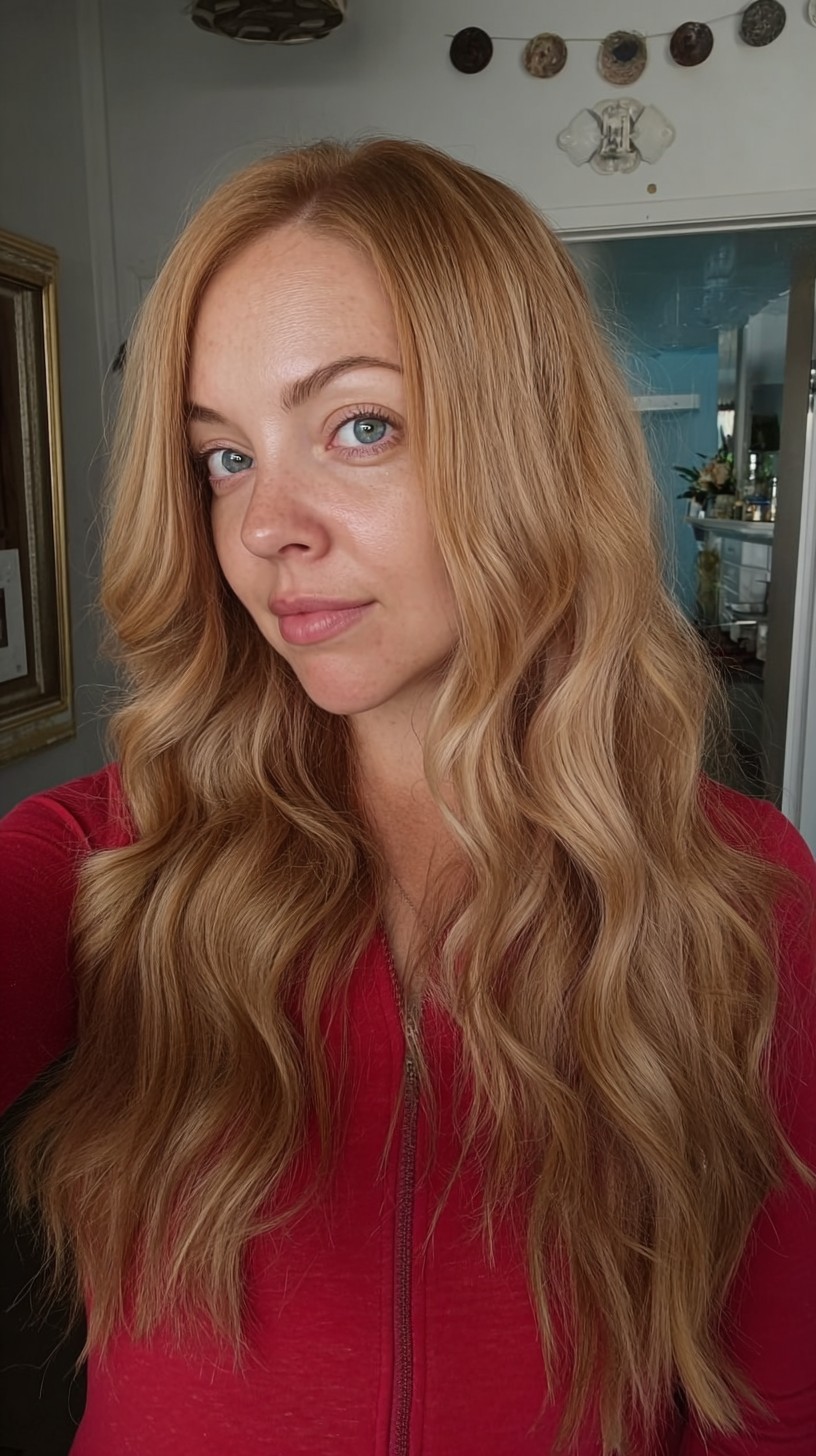Elegant Tousled Waves in Rich Strawberry Blonde