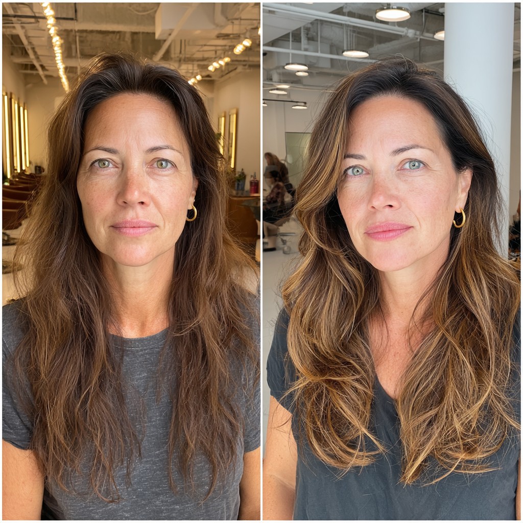Flowing Brunette Waves with Natural Highlights