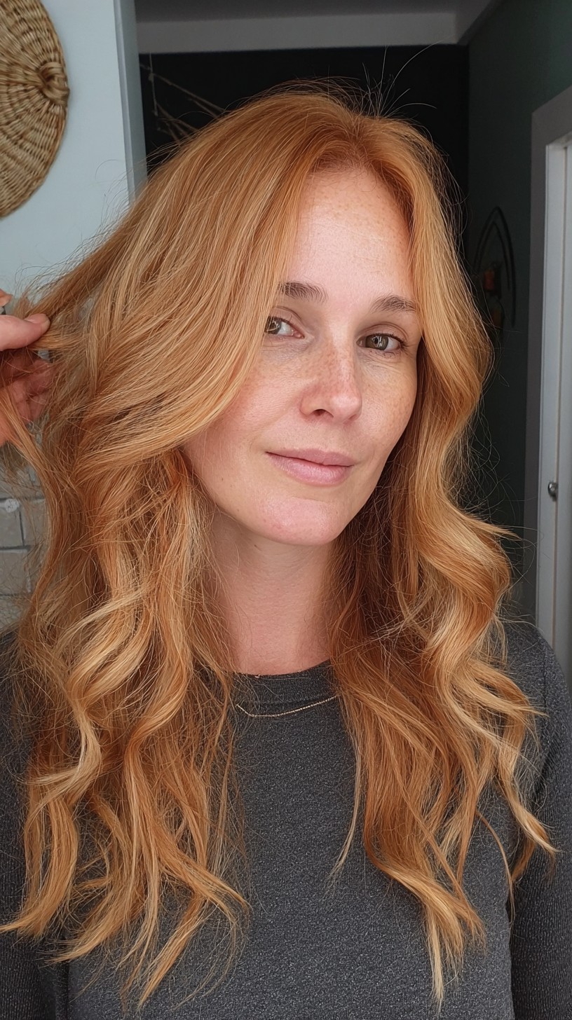 Natural Waves in Mid-Length Dark Strawberry Blonde
