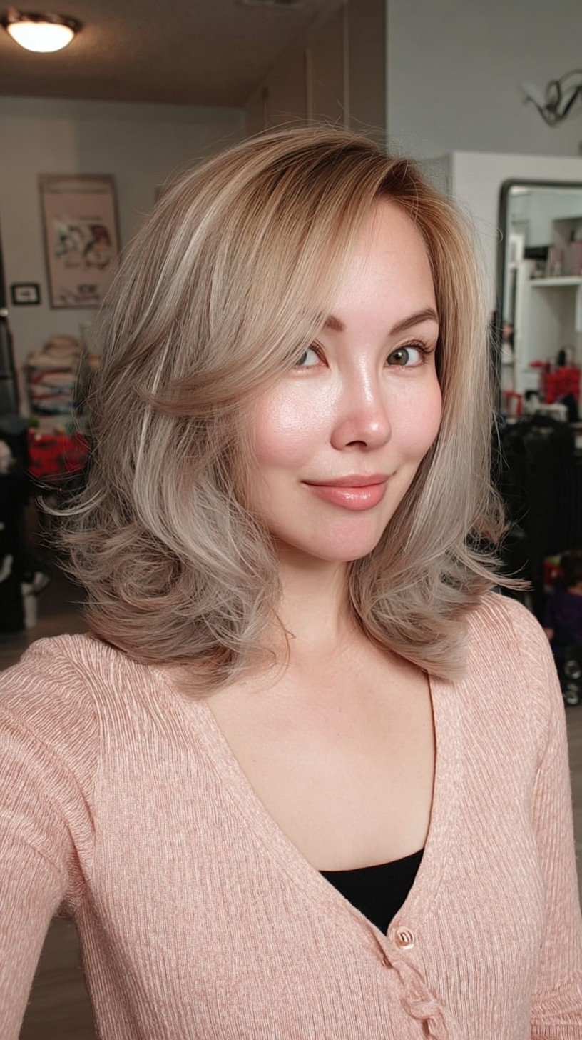 Platinum Ash Layers with Soft Swooping Bangs