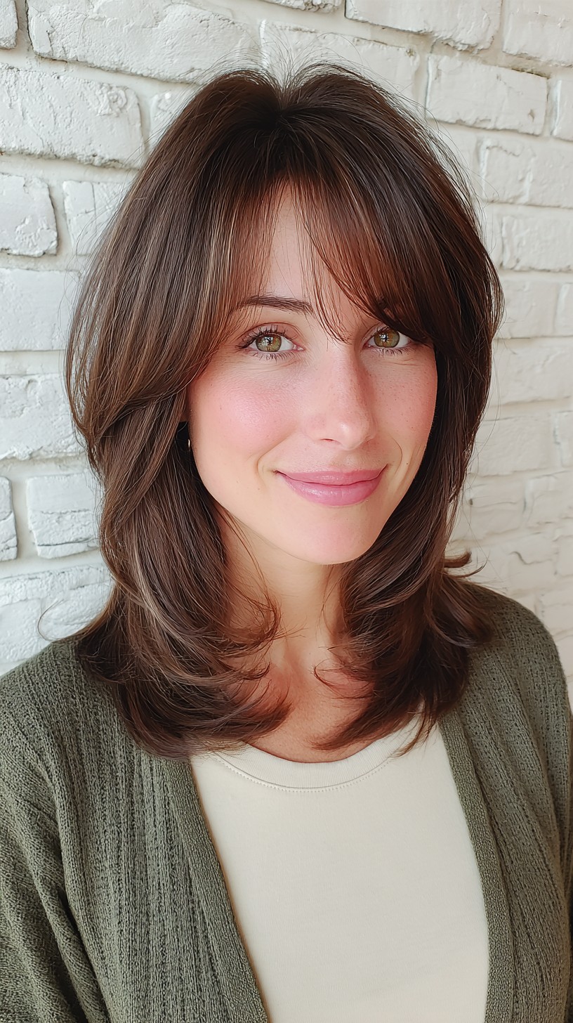 Playful Chestnut Waves with Feathered Bangs