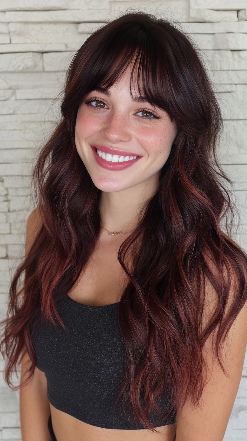 Rich Burgundy Waves with Delicate French Bangs