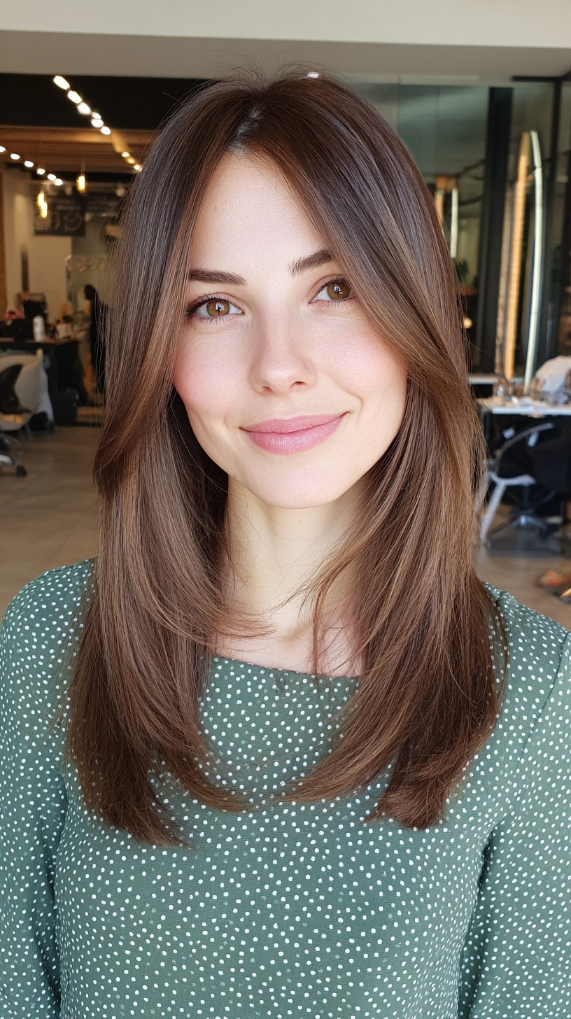 Sleek Chestnut Layers with Soft Curtain Bangs
