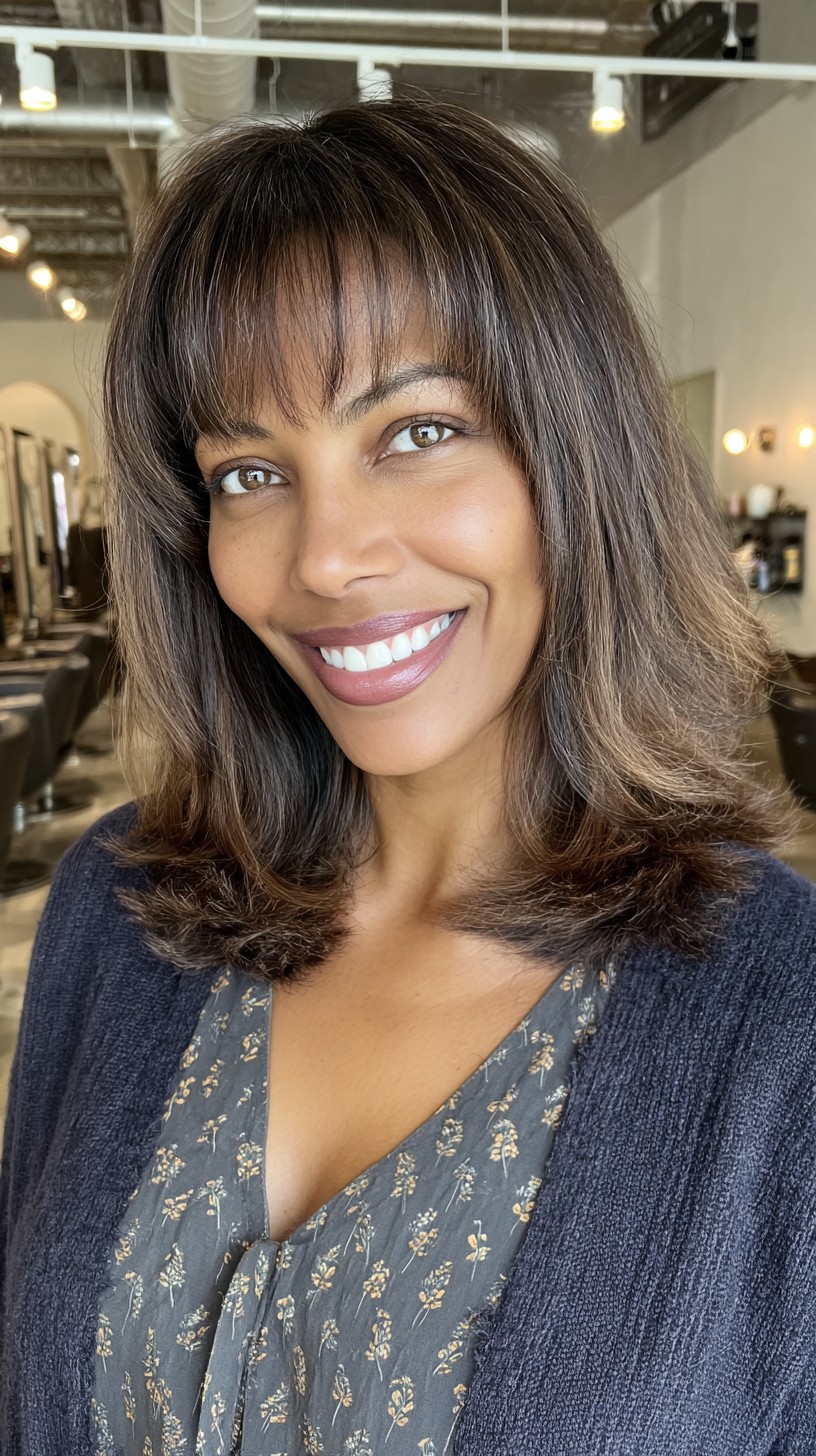 Sleek Chestnut Lob with Soft Bangs