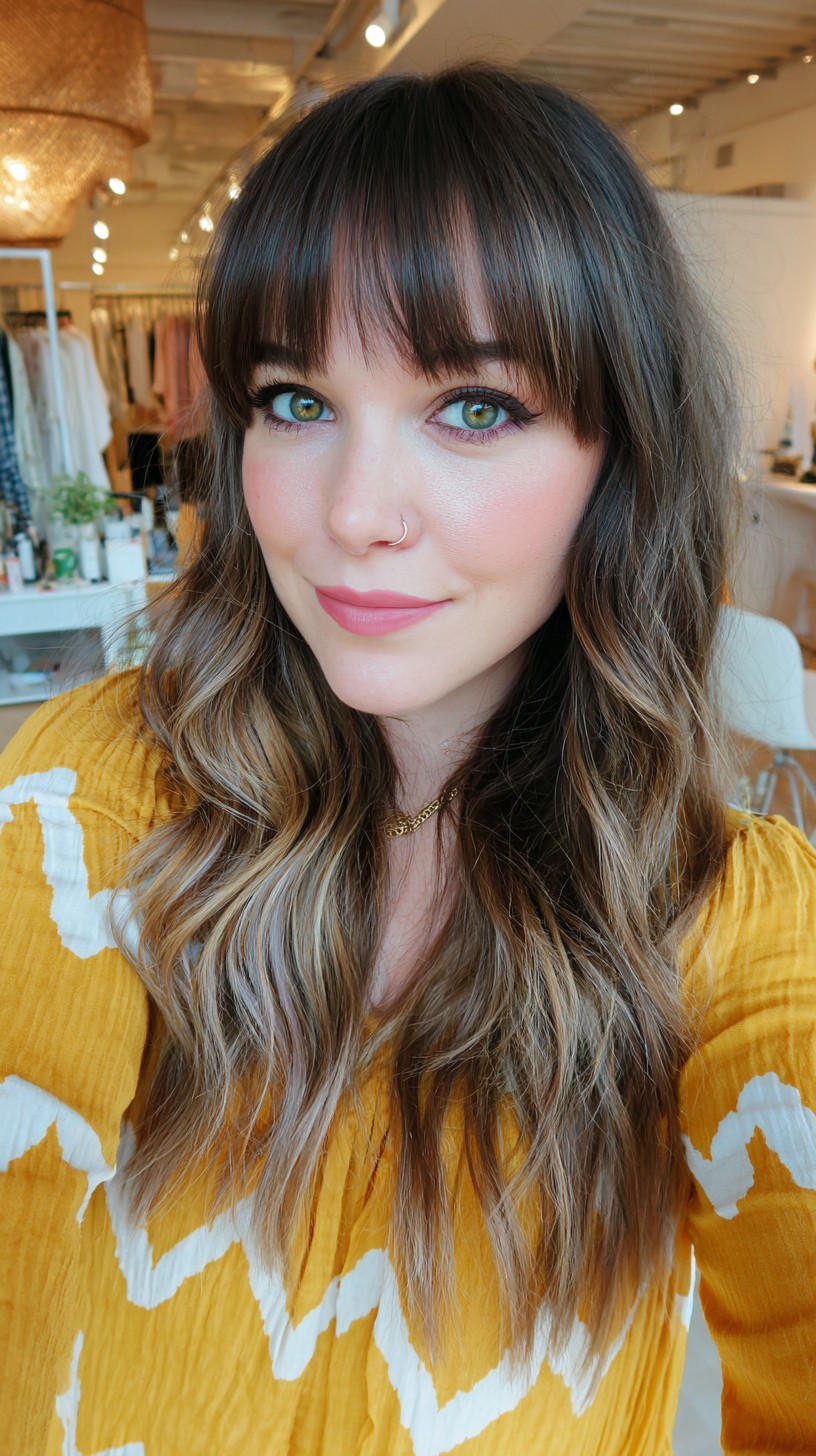 Soft Chestnut Balayage with Full Fringe
