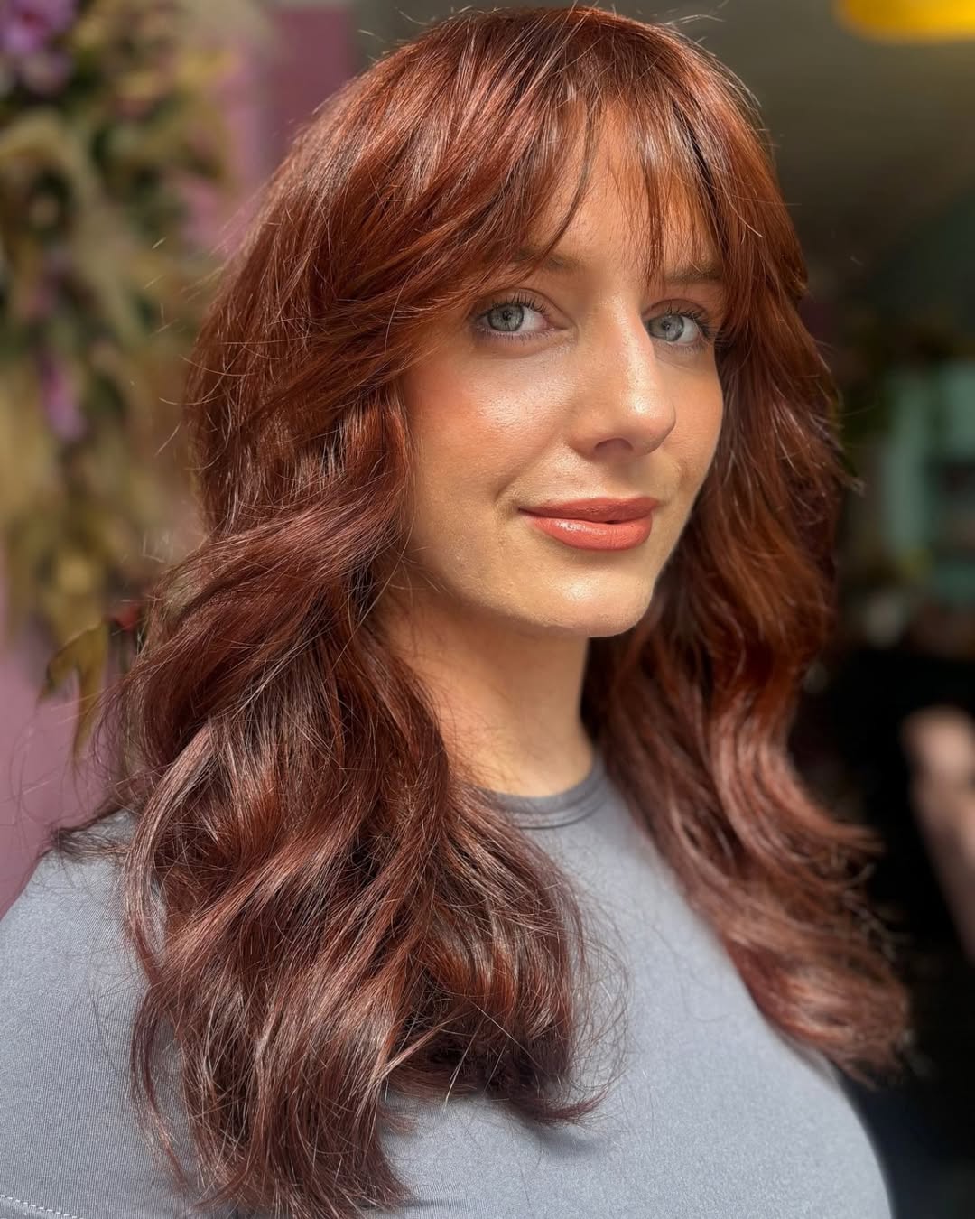 Soft Copper Waves with Curtain Bangs