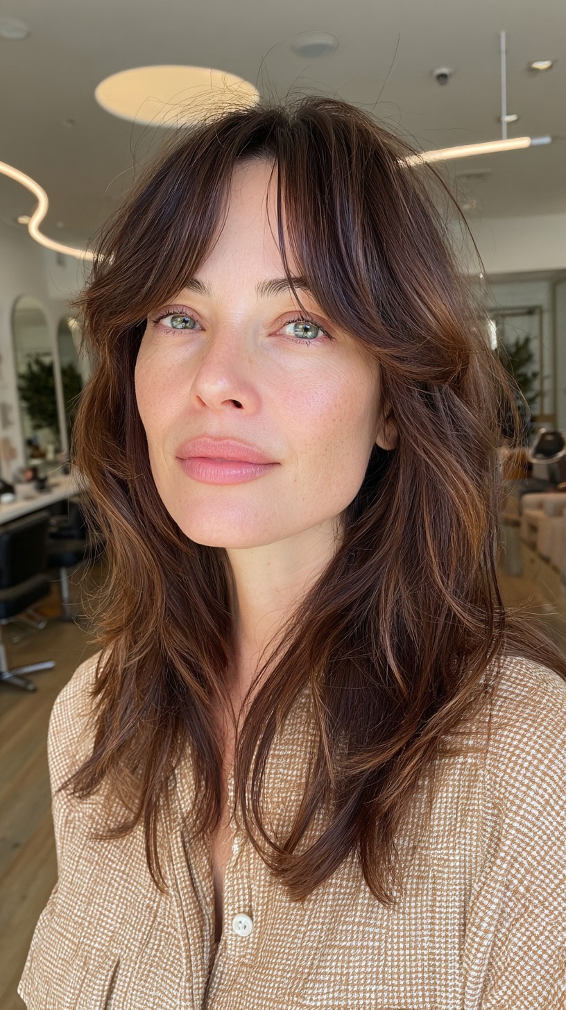 Subtle Chestnut Layers with Soft Bangs