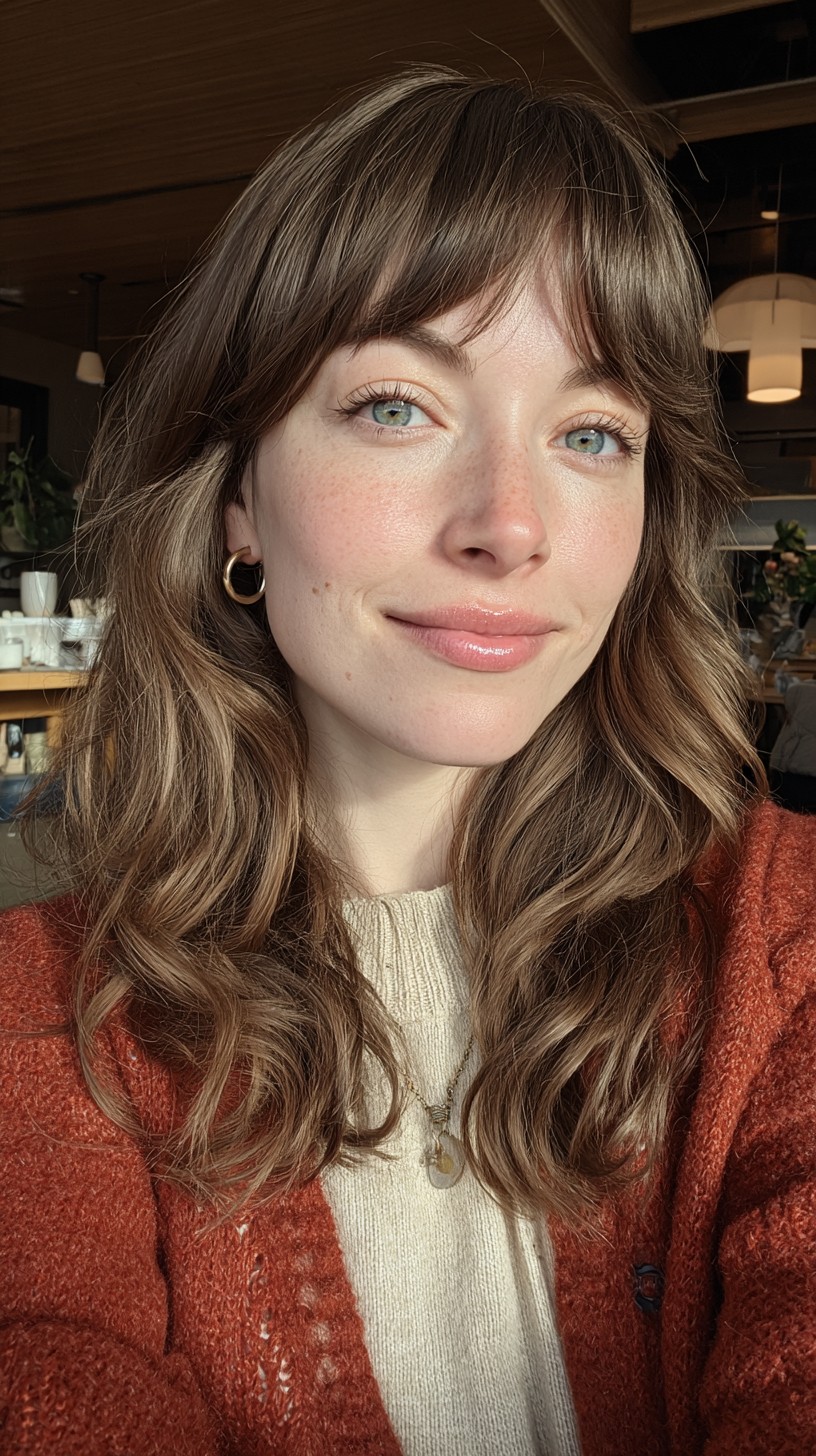 Sunkissed Brunette Waves with Soft Bangs