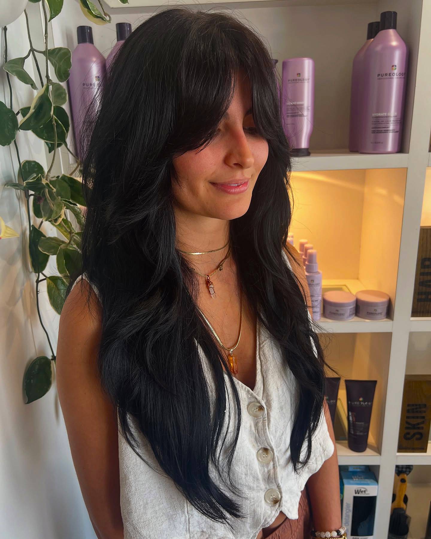 Textured Long Shag with Dramatic Curtain Bangs