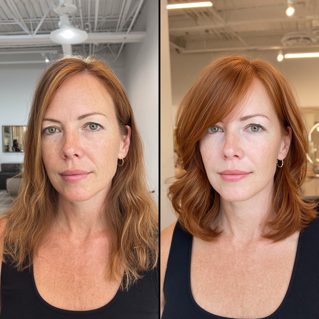 Transitional Shoulder-Length Waves in Lustrous Dark Strawberry Blonde
