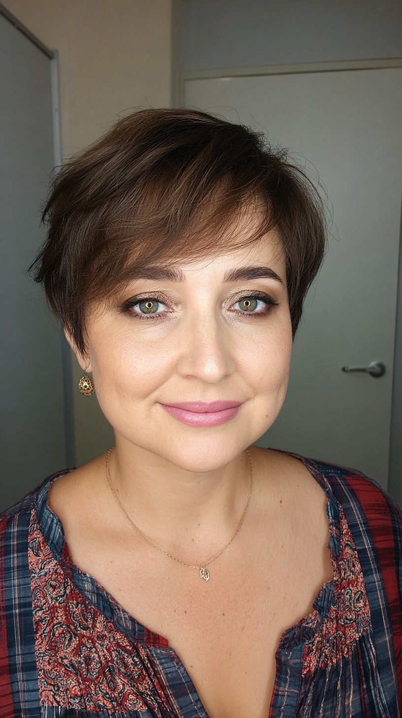 Trendy Tousled Brunette Pixie for Round Faces