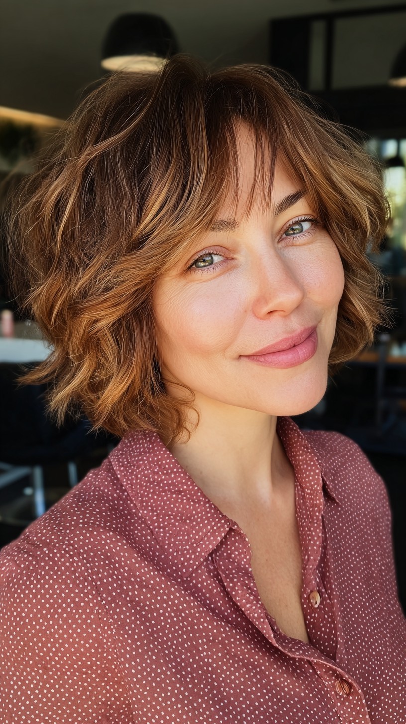 Voluminous Copper Waves with Side Swept Bangs