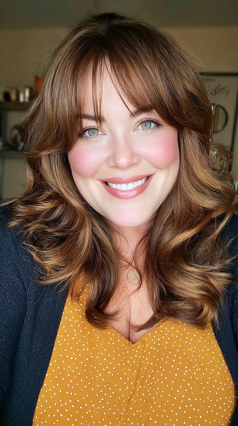 Warm Caramel Tones with Soft Fringe and Voluminous Layers