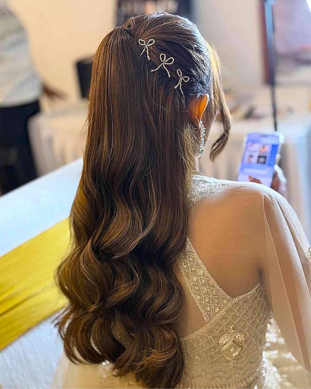 Elegant Long Wavy Ponytail with Decorative Bows