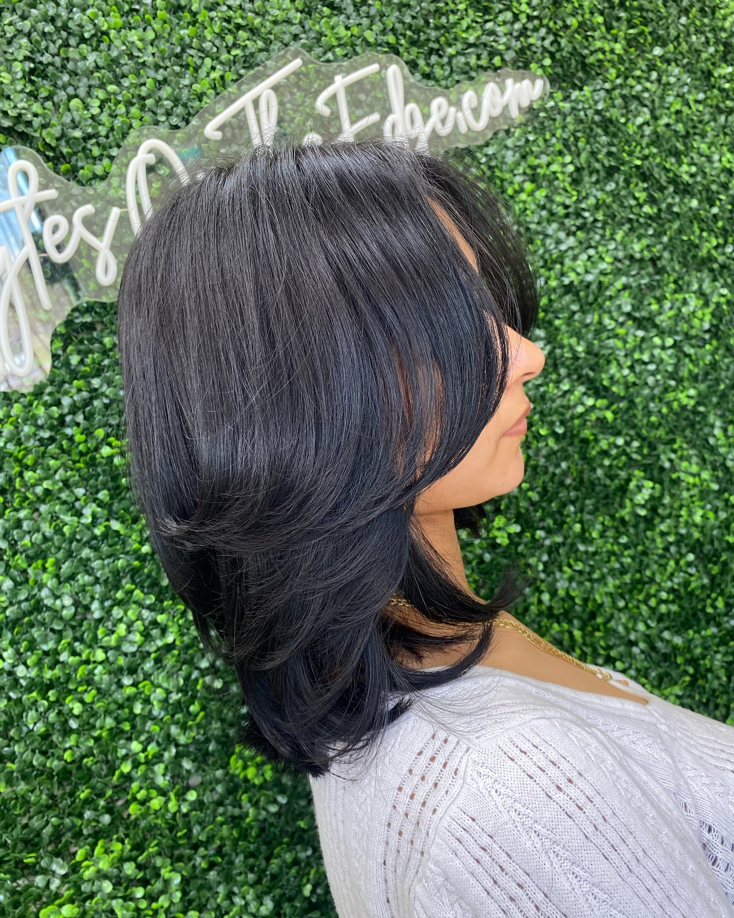 Glossy Midnight Layered Lob with Textured Ends