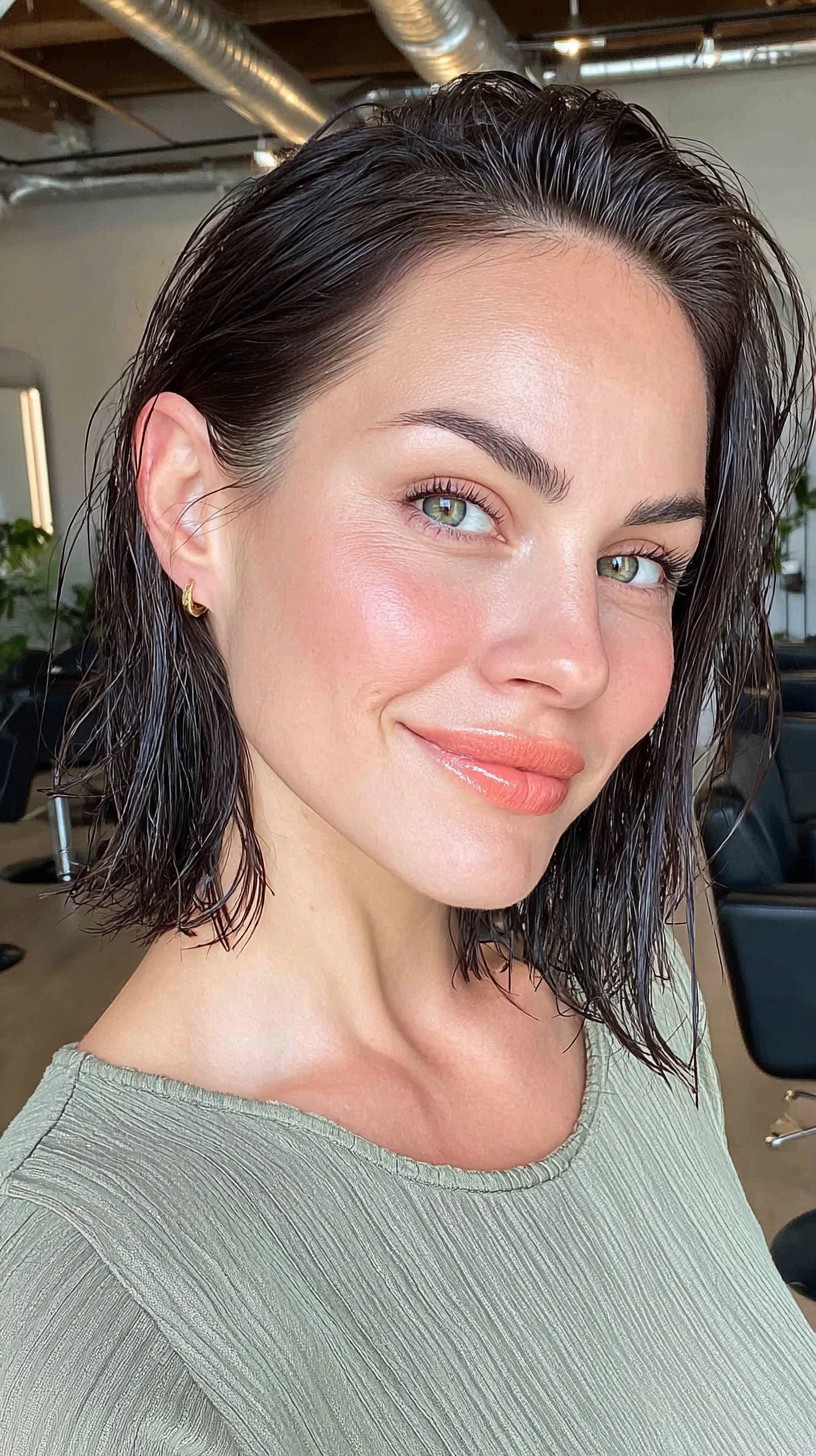 Glossy Wet-Look Waves with Deep Side Part