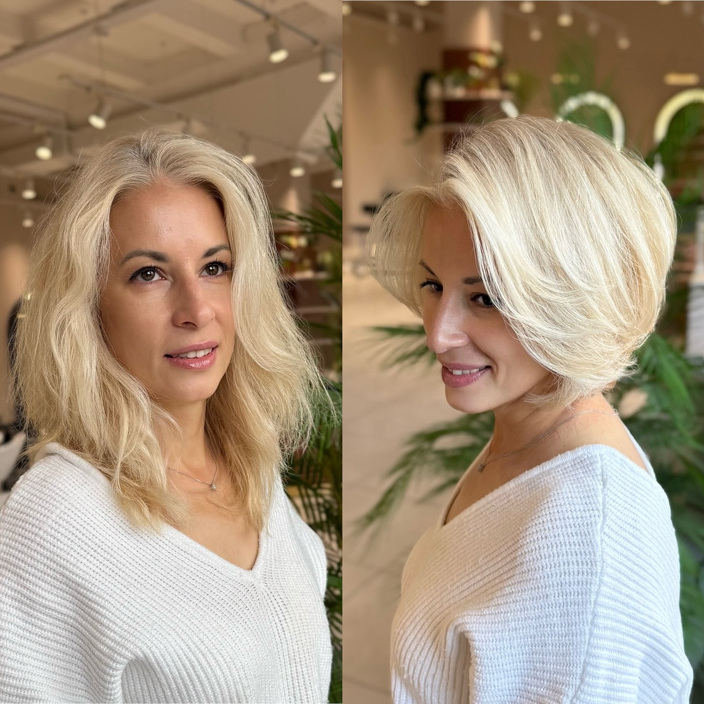 Platinblonder, glatter Bob mit Undercut-Stufen