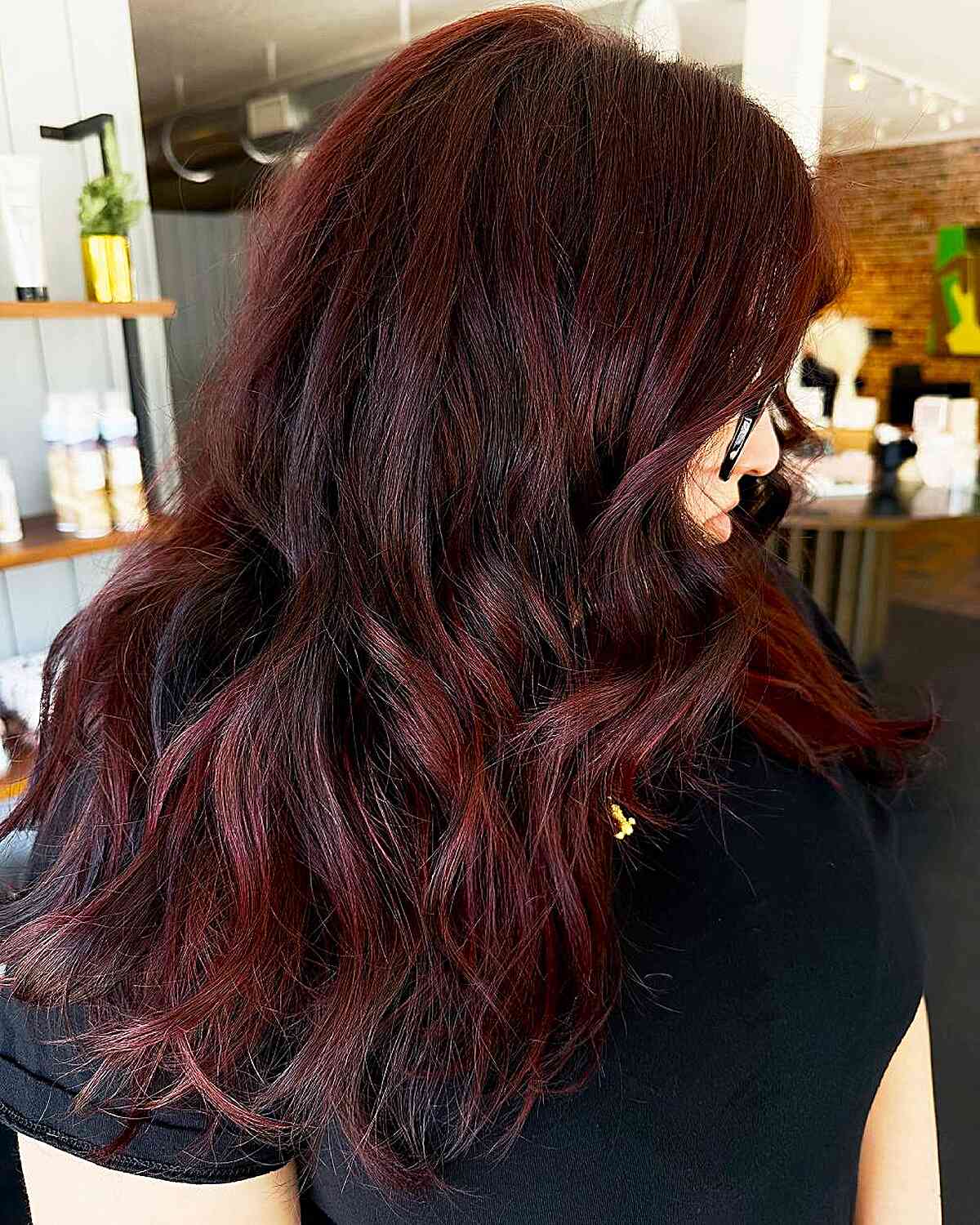 Rich Dark Red Wavy Hair with Long Layers
