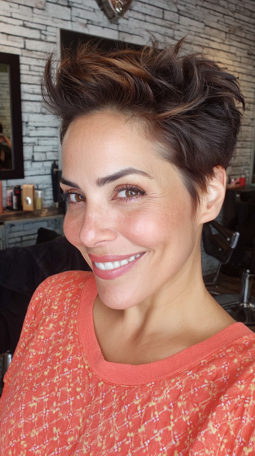 Sassy Chestnut Spiky Pixie with Caramel Highlights