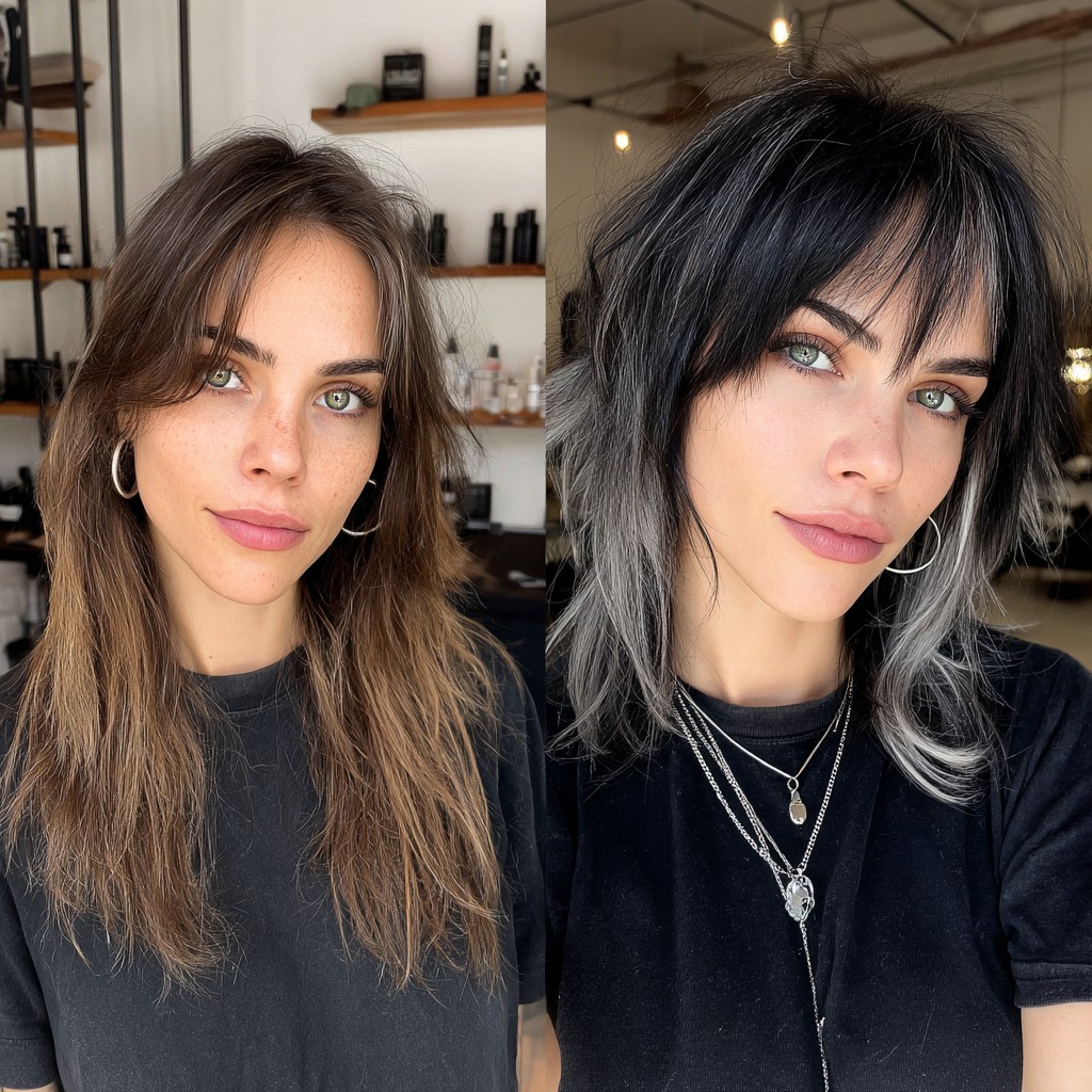 Sleek Black-to-Grey Ombre Bob with Choppy Fringe