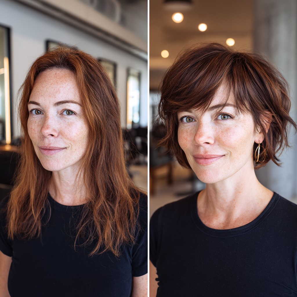 Sun-Kissed Auburn Chop with Playful Side Bangs