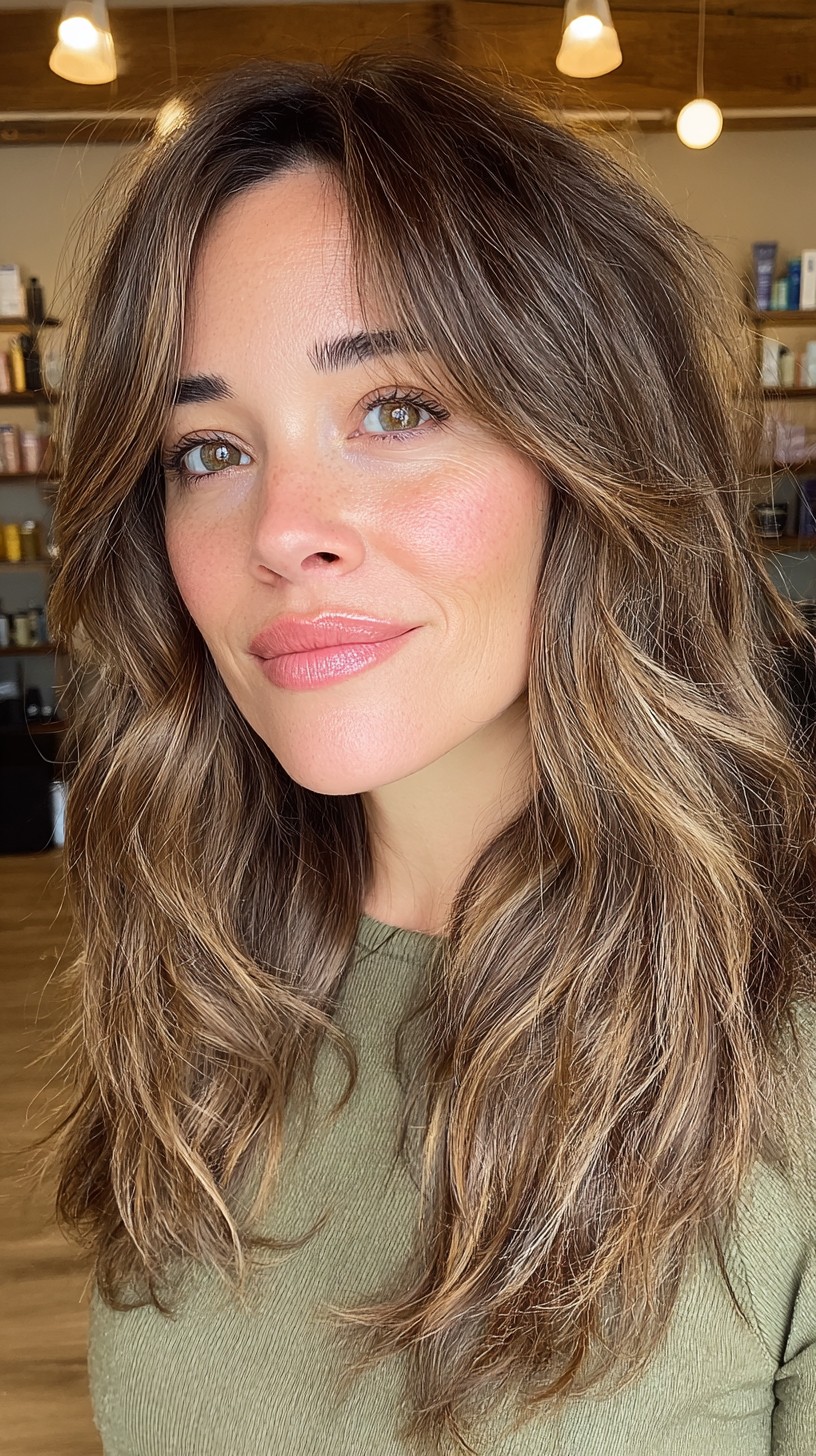 Textured Caramel Waves with Soft Curtain Bangs
