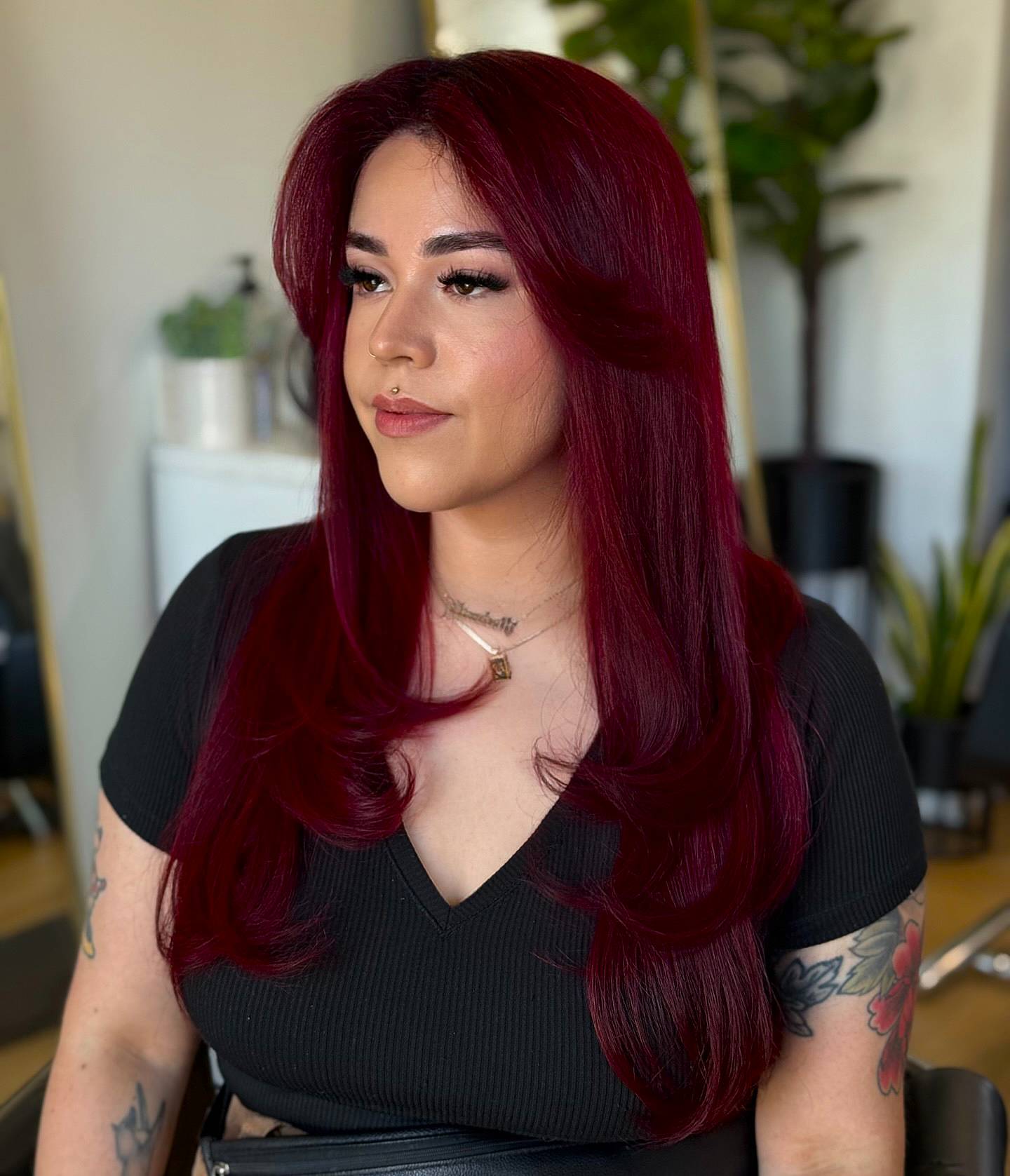 Vibrant Long Red Layers with Subtle Face-Framing Pieces