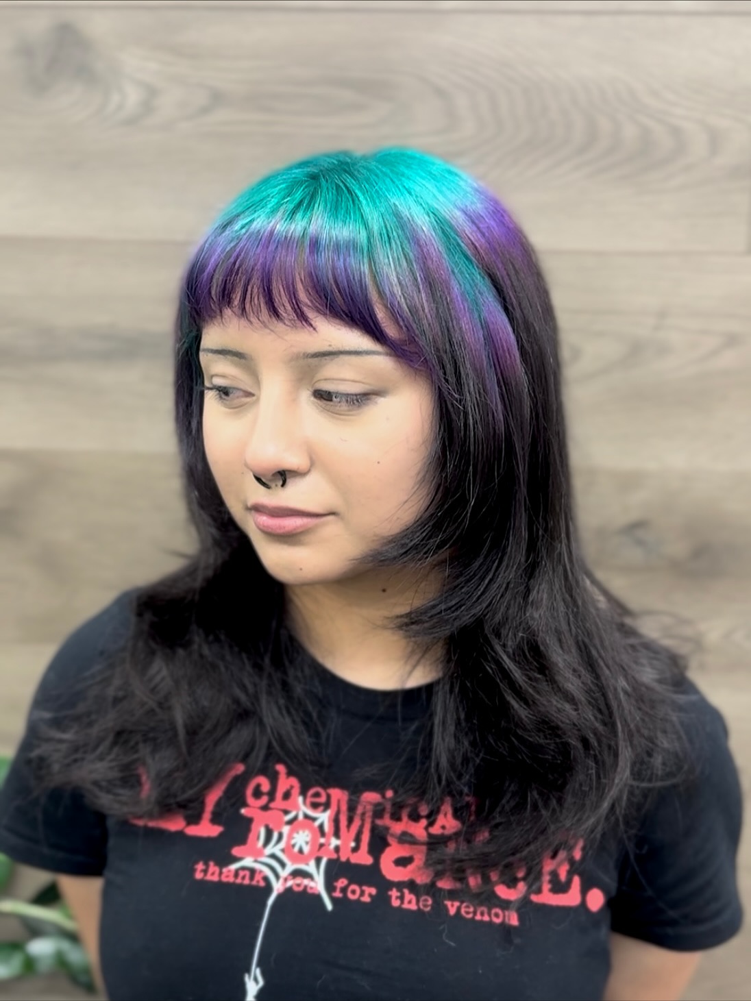 Vibrant Teal and Purple Gradient Bangs with Black Layers