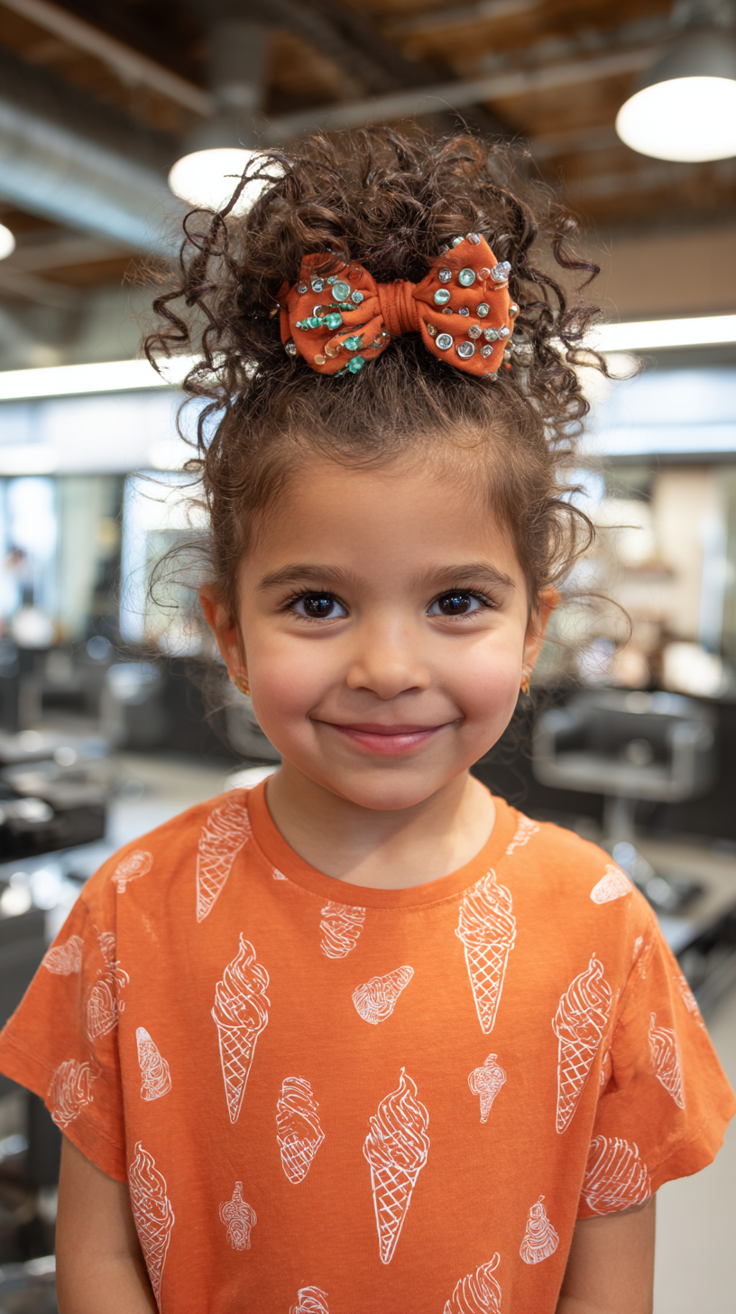 Adorable Curly High Bun with Decorative Bow