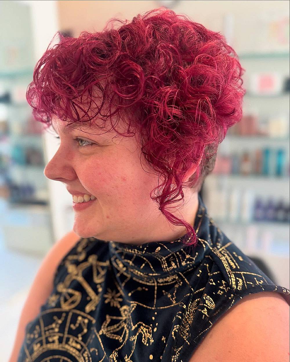 Bouncy Curly Bob with Vibrant Magenta Color