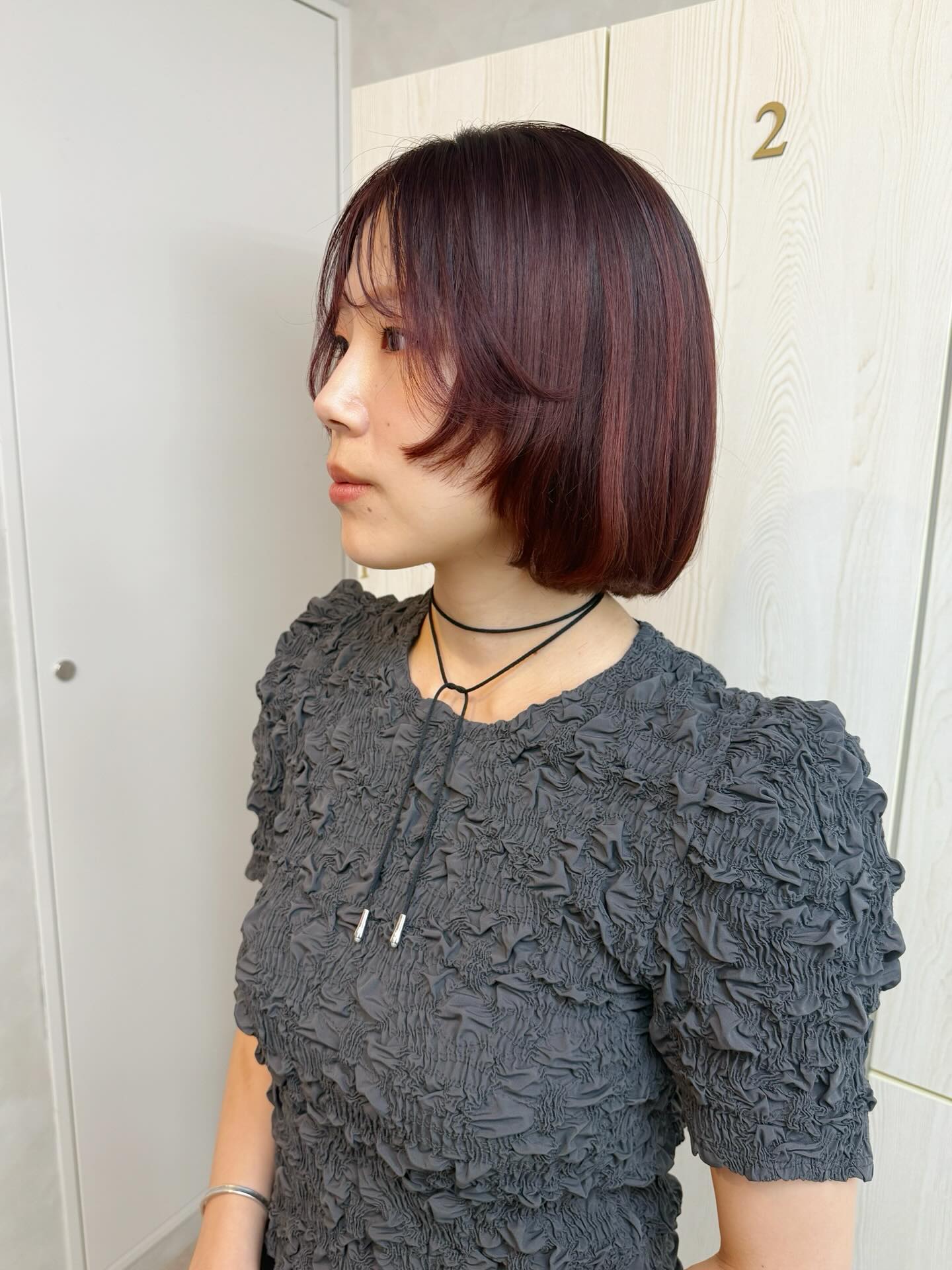 Burgundy-Toned Asymmetrical Chin-Length Bob