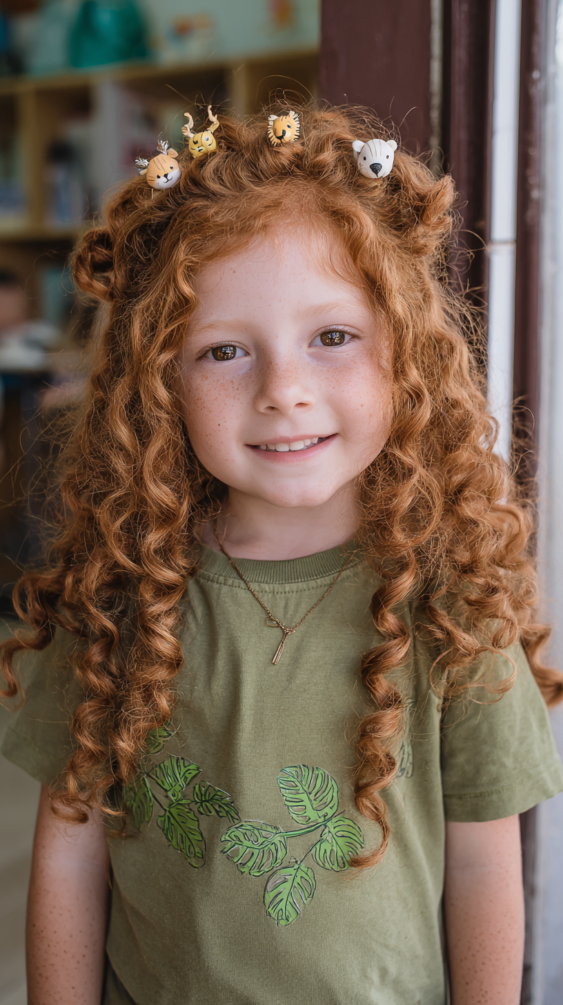 Charming Curly Half-Up Style with Playful Animal Clips