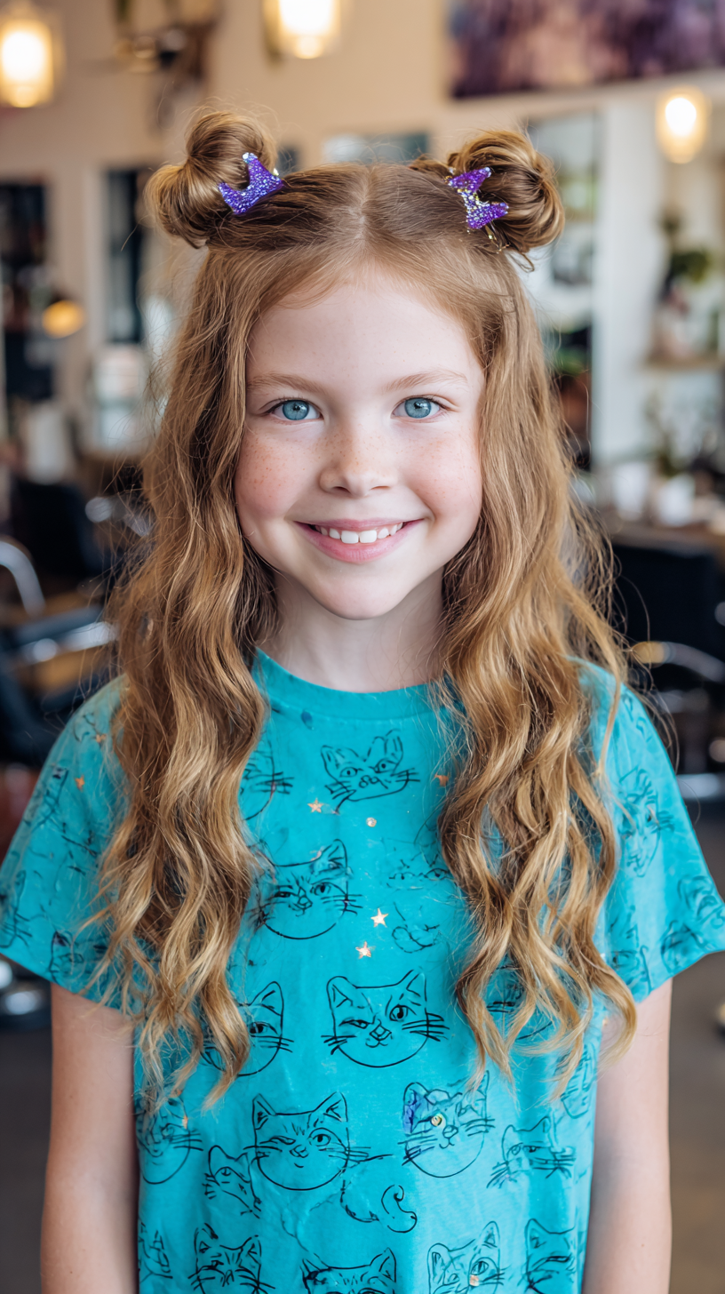 Charming Double Bun Hairstyle with Loose Waves