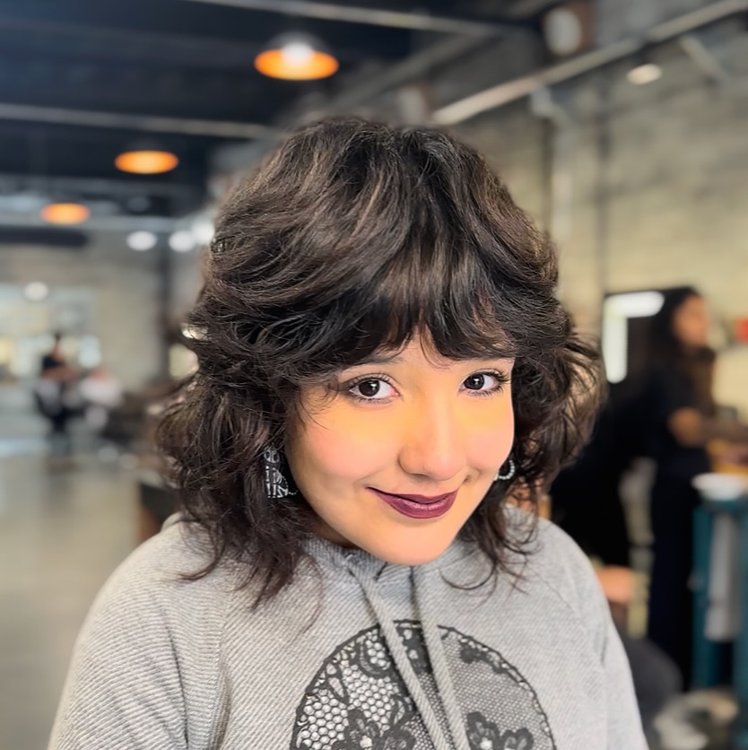 Charming Espresso Curls with Wispy Bangs