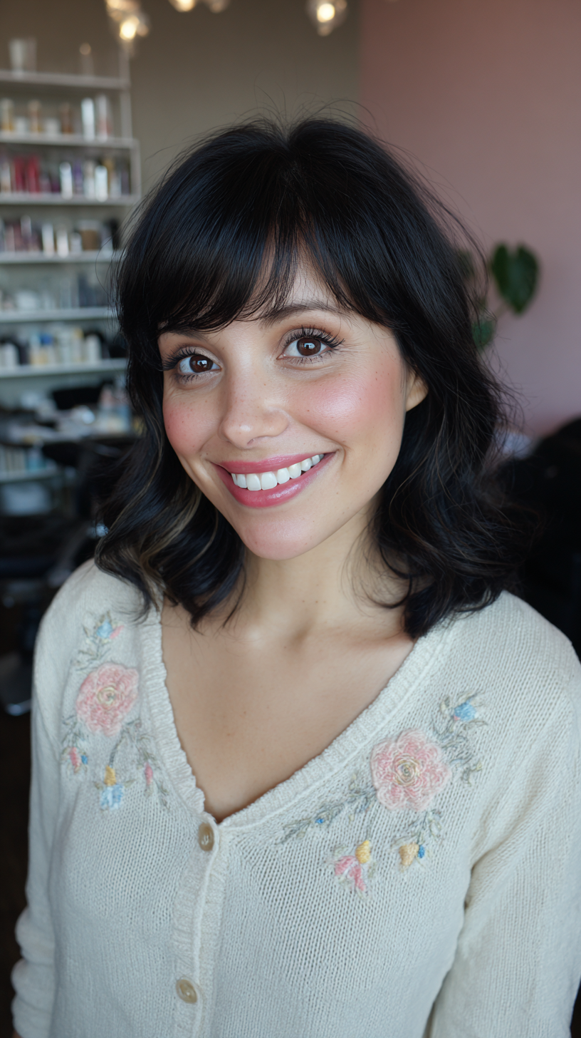 Chic Soft Curly Lob with Wispy Bangs